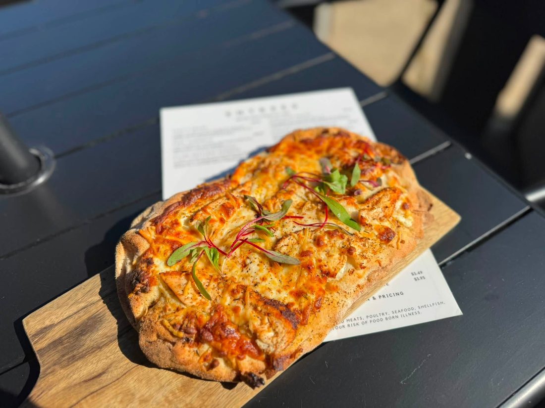 Shrimp bread, blackened gulf shrimp on flatbread